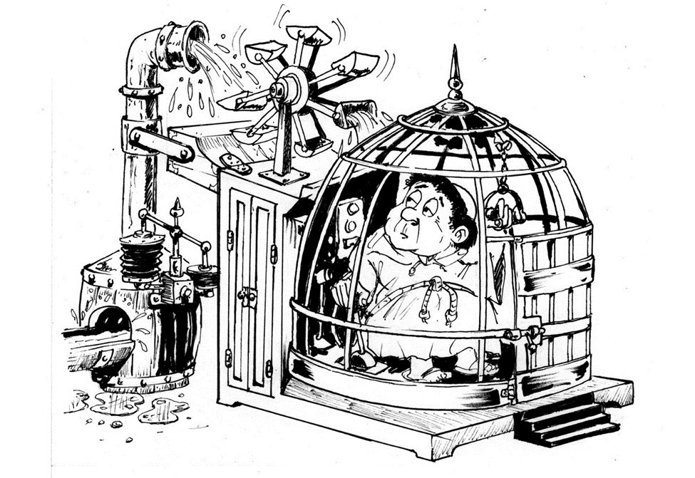 A rotund monk sits inside a strange caged machine belted to a waterwheel.