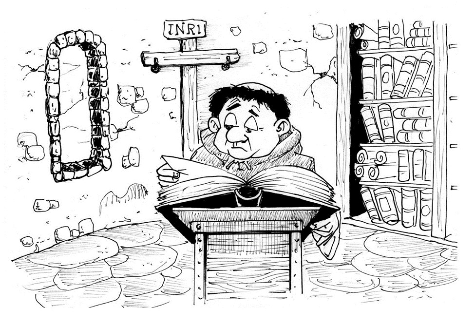 A monk in a stone cell reads an enormous manuscript at a lectern; a shelf of bound tomes behind him.