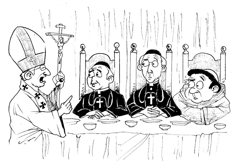 Pope Leo X addresses a table of cardinals and bishops over bowls of soup.