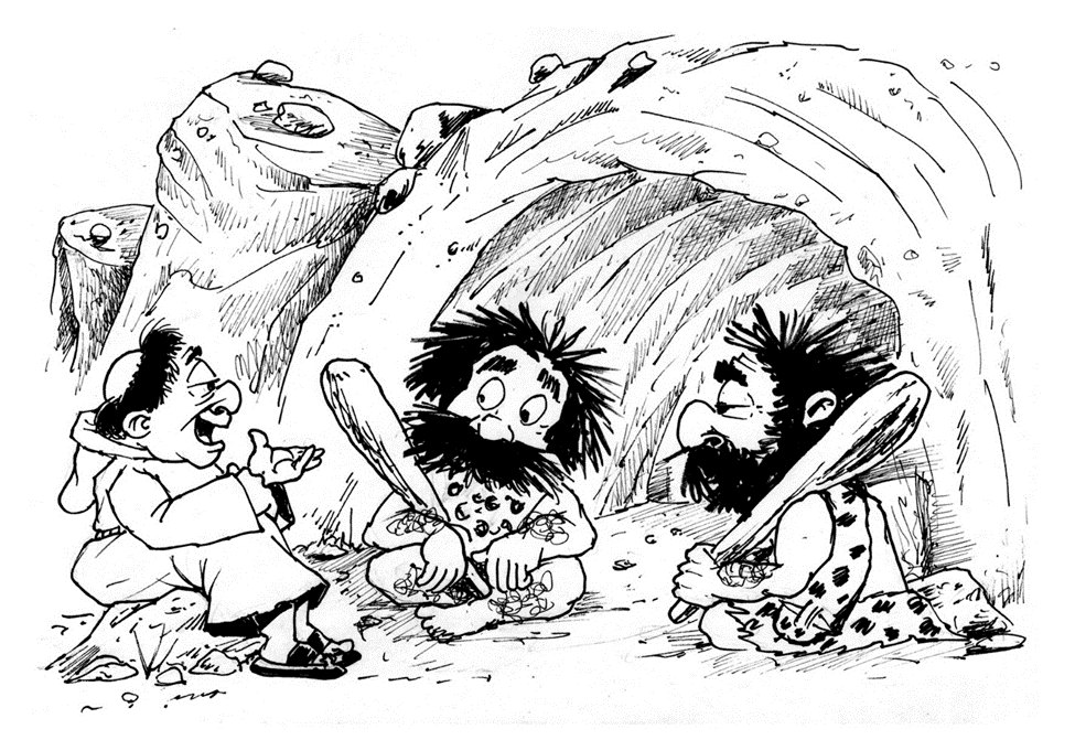 Iggy the monk chats with two Neanderthals at the mouth of a cave.