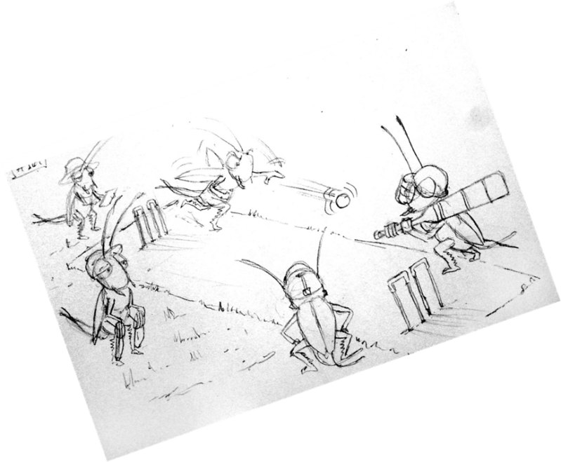 Pencil sketch: crickets playing cricket.
