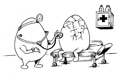 A doctor egg listens with a stethoscope to a cracked patient egg on the examination table.