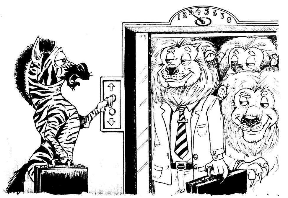 A zebra in a suit hesitates at an elevator packed with lions in business attire.