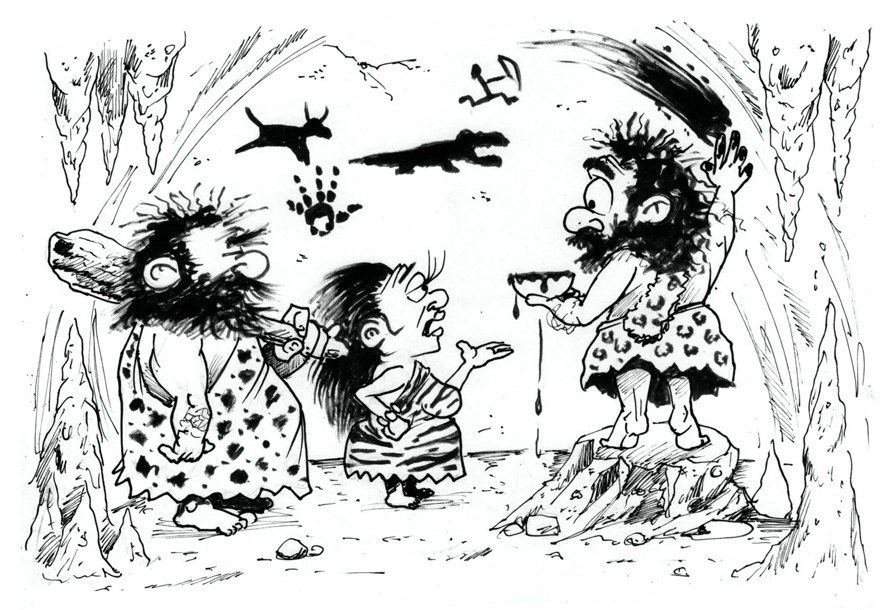 Cave painting: a cave-wife scolds a cave-cartoonist who is painting animals on the cave wall while dinner waits.