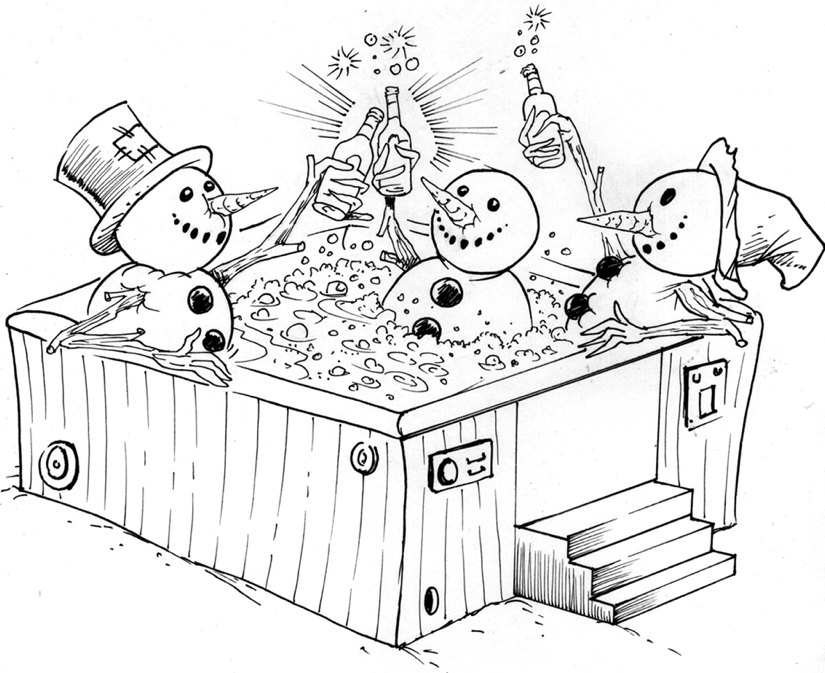 Three snowmen drink champagne in a steaming hot tub, melting happily.