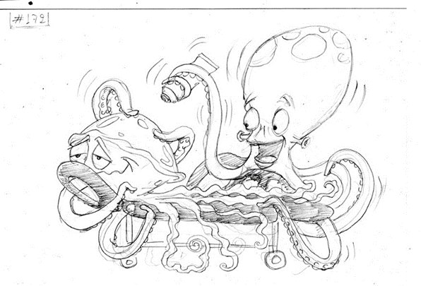 Pencil sketch #22: a jellyfish on a massage table being worked on by an octopus.