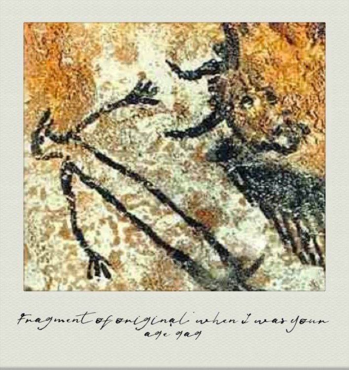 Photograph: fragment of the original ‘when I was your age’ gag, on ochre cave rock.