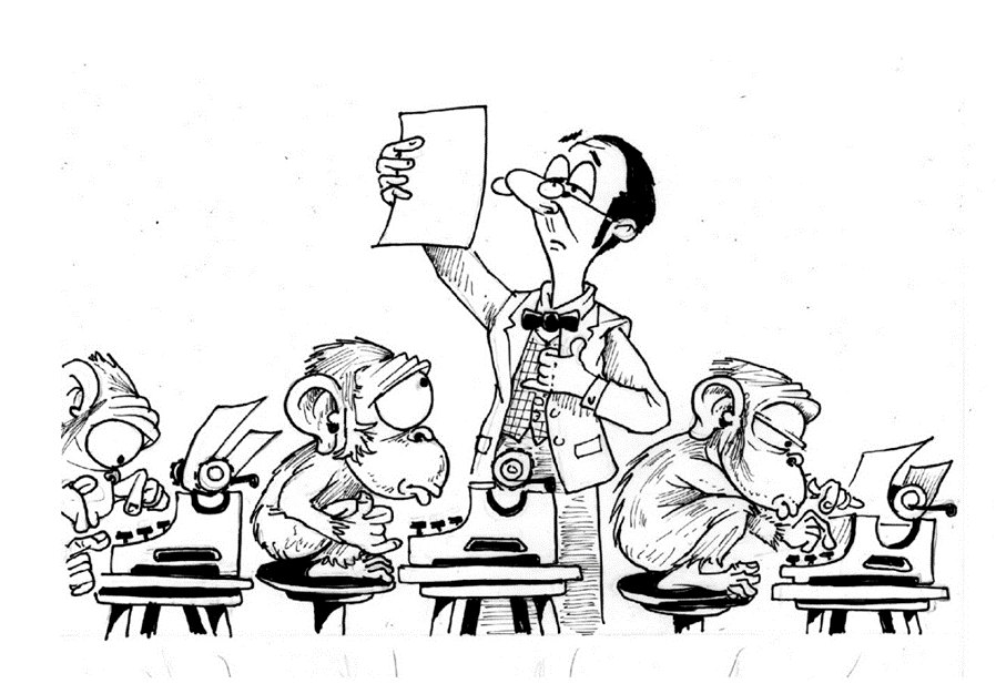 A man in glasses reads a page fresh from a room of monkeys at typewriters.