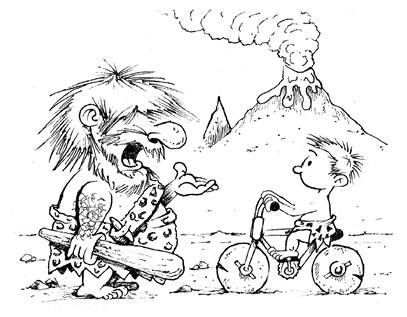 A caveman with a club scolds a boy on a bicycle at the base of an erupting volcano.