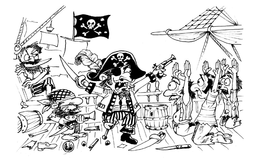 A pirate captain brandishes a cutlass at a boarded ship’s crew, who raise their hands.