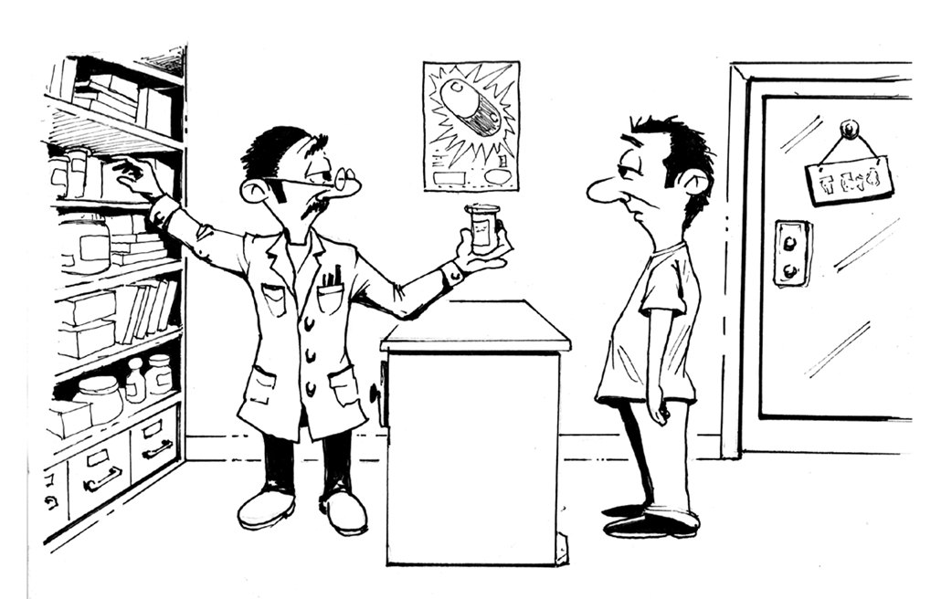 A pharmacist reaches for a bottle on the shelf while a customer waits at the counter.