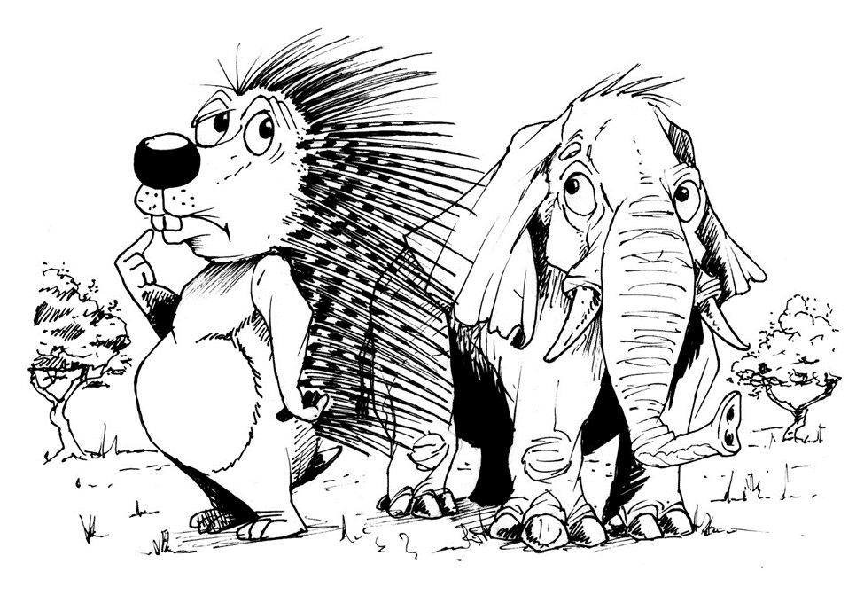 A porcupine the size of an elephant stands beside an actual elephant, which looks nervous.