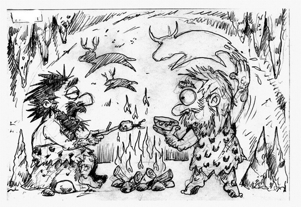 Pencil sketch of the two cavemen by the fire.
