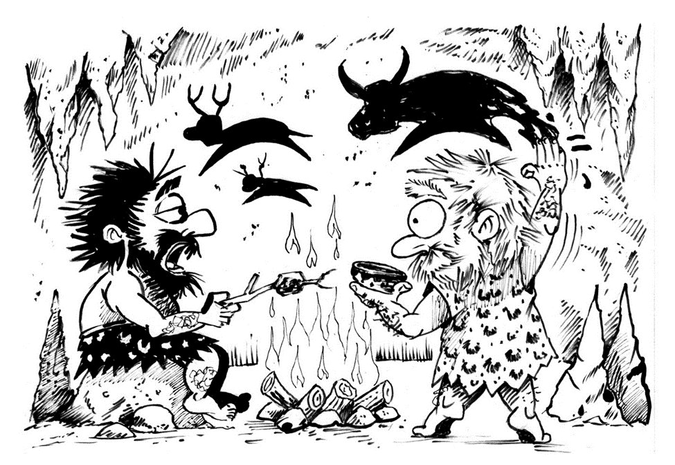 Two cavemen by a fire; one has just had a profound thought and has no way to write it down.