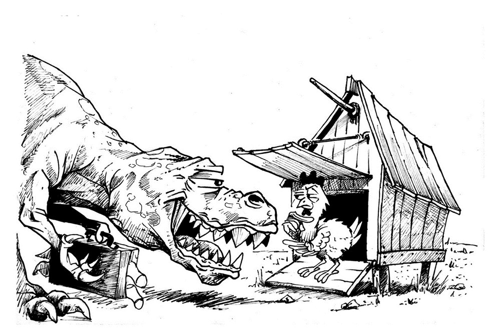A Tyrannosaurus rex peers into a small dog house where a chicken is settled in.