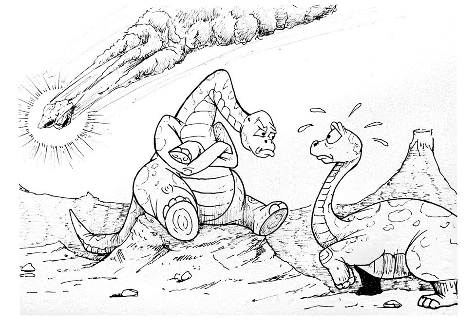Two dinosaurs mid-argument as an asteroid streaks toward them from the sky.