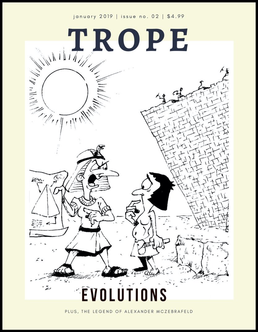 TROPE Issue No. 2 cover: Evolutions — an Egyptian and a caveman confer beneath a pyramid and a blazing sun.