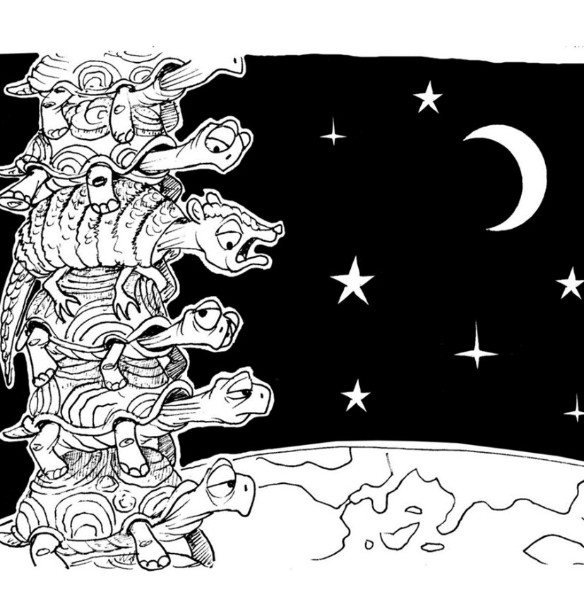A teetering stack of turtles pushes the Earth downward into space; an armadillo is wedged in the stack.